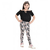 Black cotton floral elasticated jegging and top set for girls, floral pattern with shoulder strap top and elastic waist bottoms on display