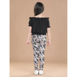 Black cotton floral elasticated jegging and top set for girls, featuring floral print on both pieces with elastic waist and shoulder straps