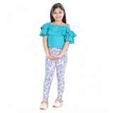 Turquoise blue girls' cotton floral elasticated jegging & top set, floral pattern on elastic waist and shoulder straps