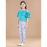 Turquoise blue floral elasticated jegging and top set for girls, cotton and cotton lycra material, shoulder straps and elastic waist