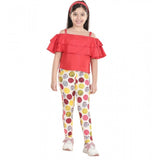 Red cotton floral elasticated jegging and top set, featuring a floral pattern with shoulder strap top and elasticated waist bottoms