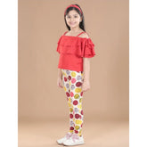 Red cotton floral elasticated jegging and top set with shoulder strap top, perfect for casual wear