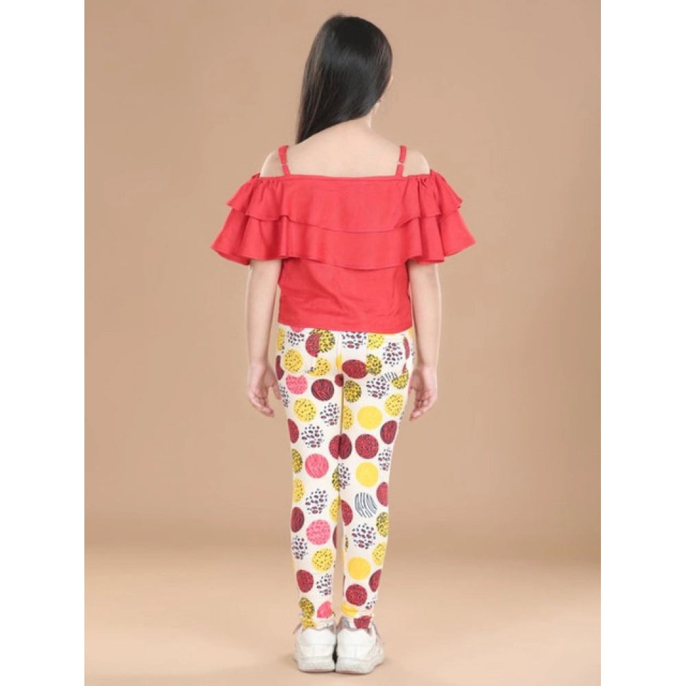 Red cotton floral elasticated jegging and top set, floral pattern with shoulder strap top and elastic waist bottom