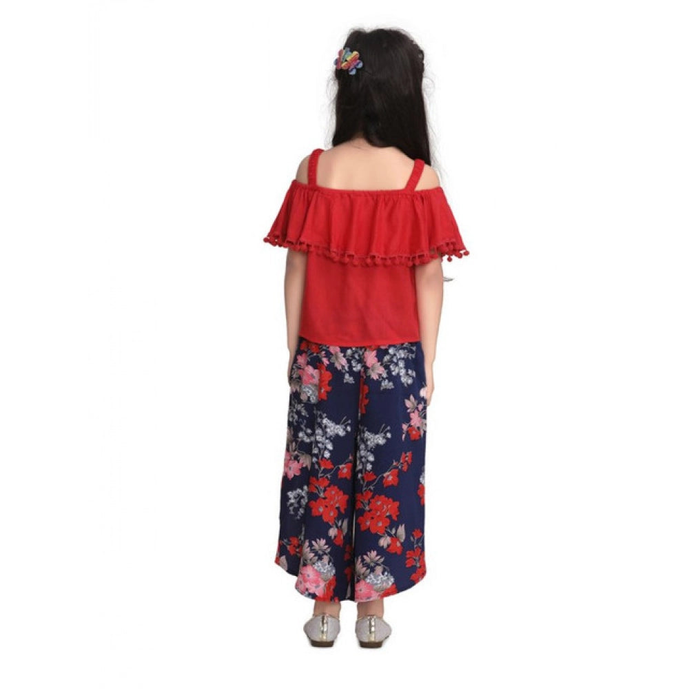 Red-Navy girl's rayon crepe printed cold shoulder top and polyester crepe pants set, square neck with calf-length bottoms