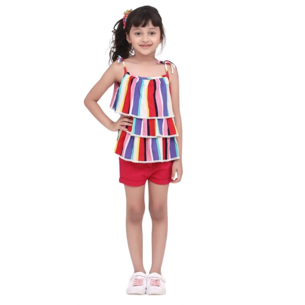 Multicolor striped polyester crepe tie-up shorts set for girls, square neck, cotton twill lining