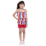 Multicolor striped polyester crepe tie-up shorts set for girls, square neck, cotton twill lining