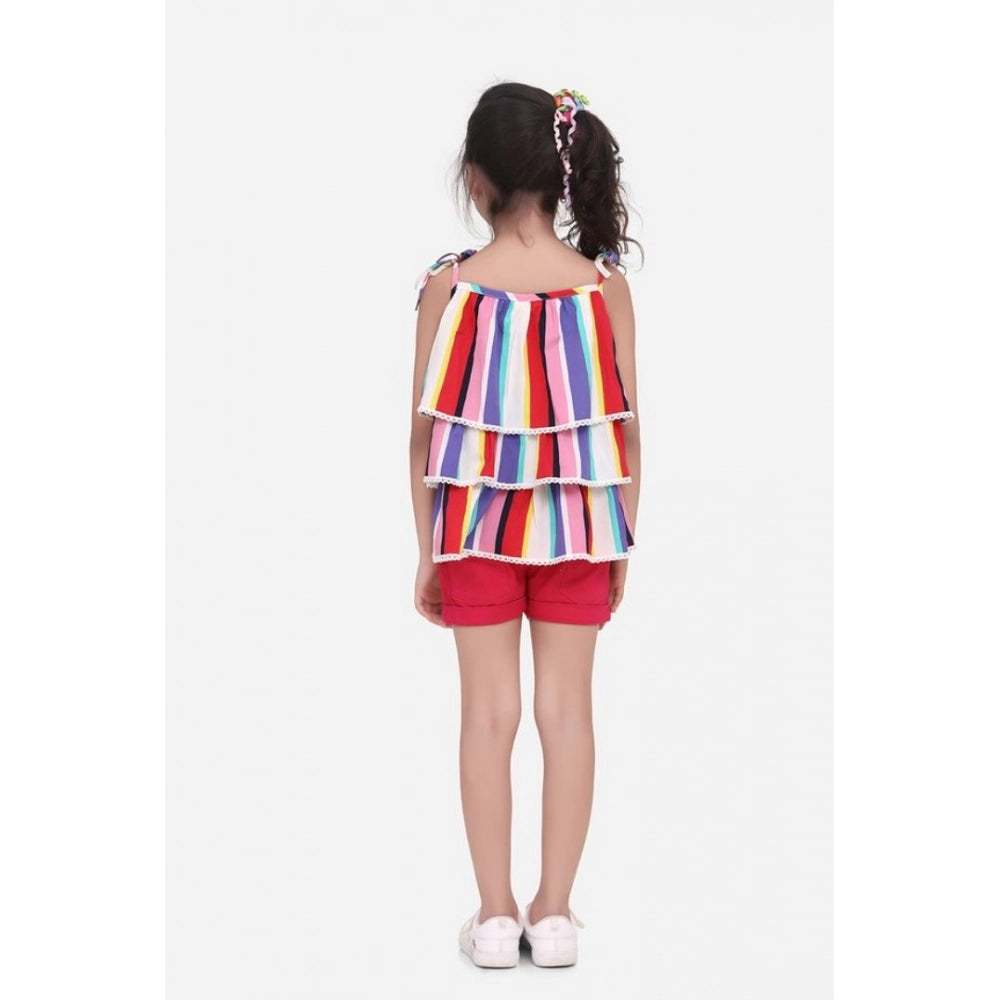 Multicolor striped polyester crepe tie-up shorts set for girls, square neck with cotton twill lining