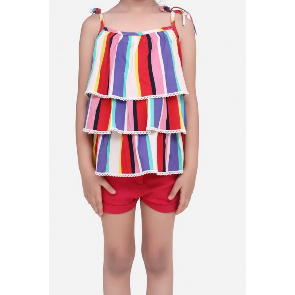 Multicolor striped polyester crepe tie-up shorts set for girls, cotton twill bottoms on display