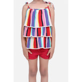 Multicolor striped polyester crepe tie-up shorts set for girls, cotton twill bottoms on display