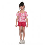 Pink-Red cotton floral cold shoulder top & shorts set on model, floral pattern with square neck & above knee length