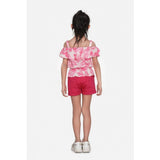 Pink-Red cotton floral cold shoulder top and shorts set on mannequin, cotton twill and floral pattern visible