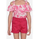 Pink-Red cotton floral cold shoulder top & shorts set, featuring square neck and above knee length for a stylish girls' outfit
