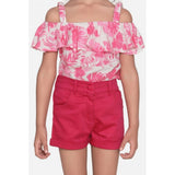 Pink-Red cotton floral cold shoulder top & shorts set, featuring square neck and above knee length for a stylish girls' outfit