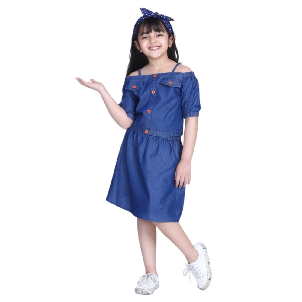 Navy Blue Denim Solid Cold Shoulder Top & Skirt Set - pull-on, square neck, knee-length