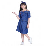 Navy Blue Denim Solid Cold Shoulder Top & Skirt Set - pull-on, square neck, knee-length