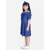 Navy blue denim cold shoulder top and skirt set, solid pattern with square neck and knee-length