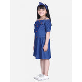 Navy blue denim cold shoulder top and skirt set, solid pattern with square neck and knee-length