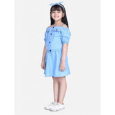 Light blue denim cold shoulder top & skirt set, solid pattern, suitable for girls' fashion