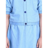 Light blue denim solid cold shoulder top & skirt set for girls, square neck, above knee length