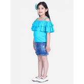 Blue rayon cold shoulder top with denim shorts - girl's solid style on display stand