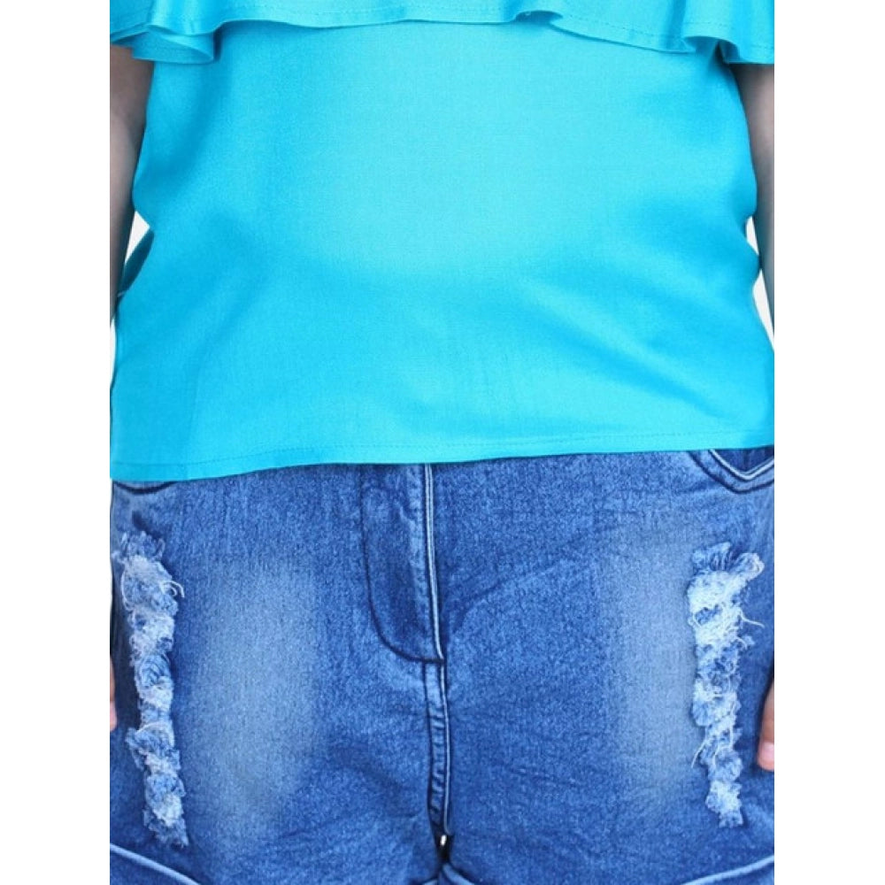 Blue rayon cold shoulder top with denim shorts - solid style, above knee length