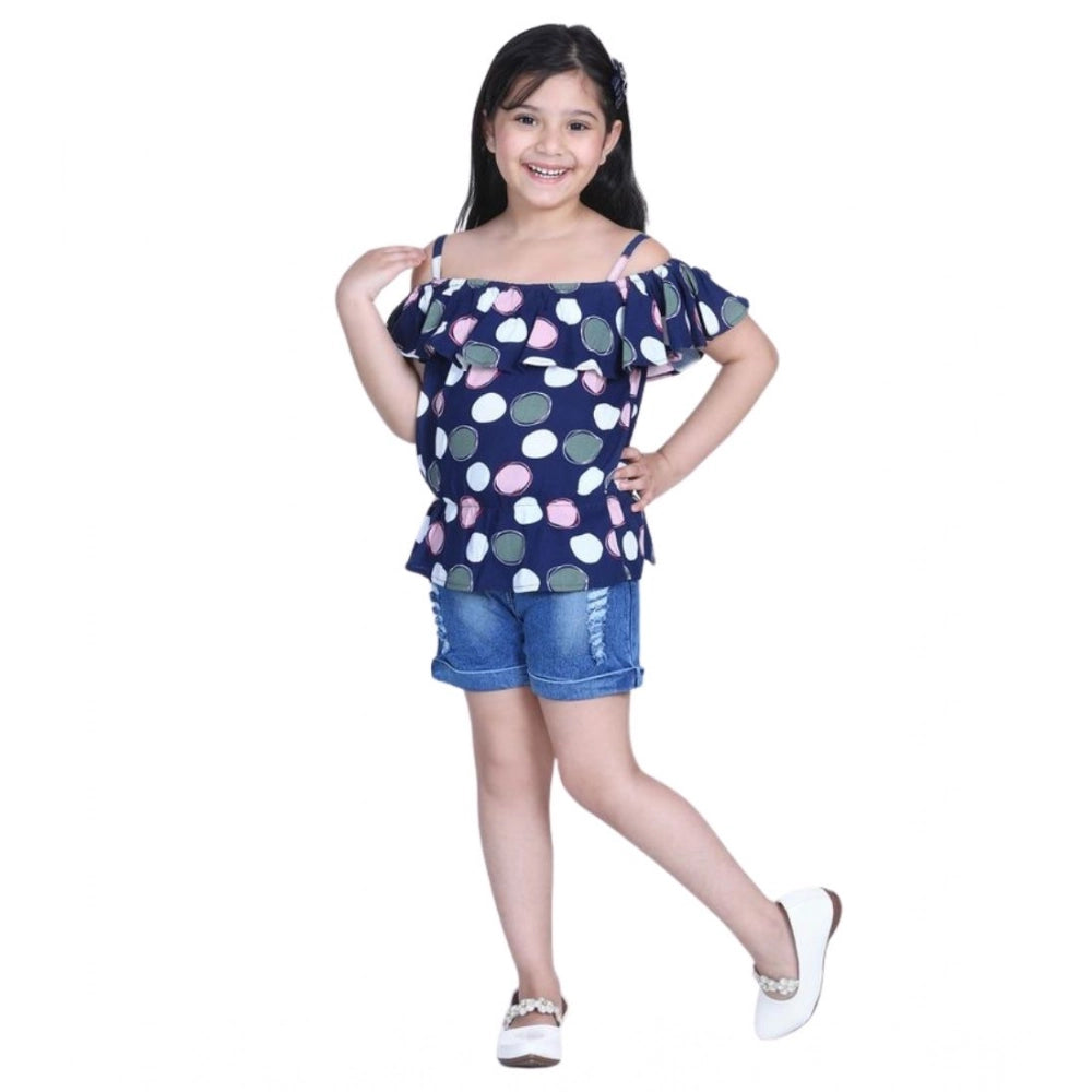 Navy Blue rayon cold shoulder top with denim shorts, solid pattern, suitable for girls' fashion