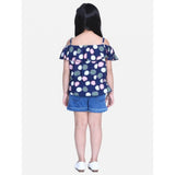 Navy Blue Rayon cold shoulder top with denim shorts, solid pattern and square neckline on model