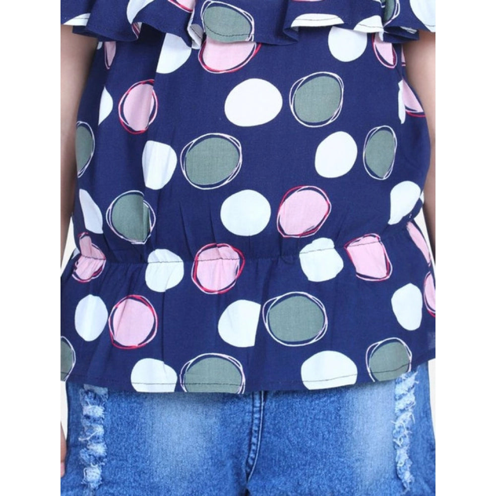 Navy Blue Rayon cold shoulder top with denim shorts, solid pattern on display