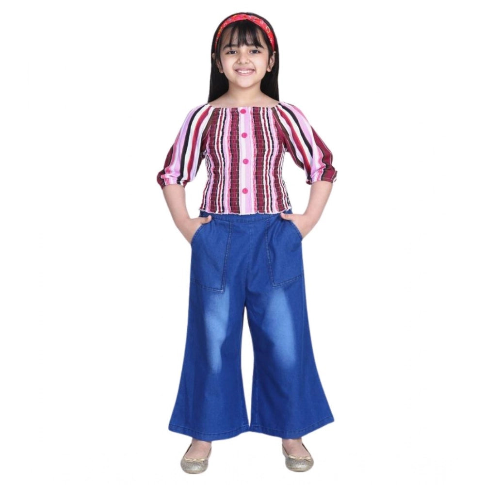 Purple-Blue rayon bell sleeve top with denim culottes - solid design, square neckline