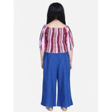 Purple-Blue rayon bell sleeve top with denim culottes for girls - solid design, square neckline on display