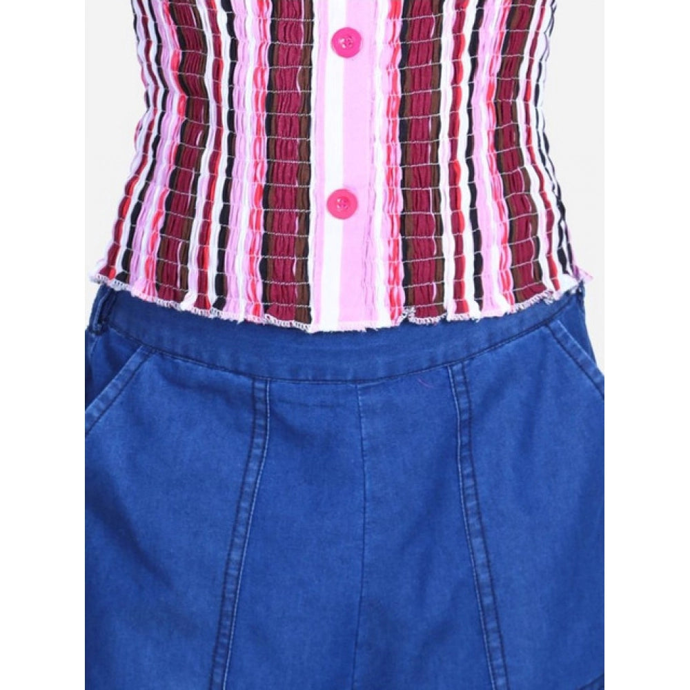 Purple-blue rayon bell sleeve top with denim culottes for girls, solid design with square neck
