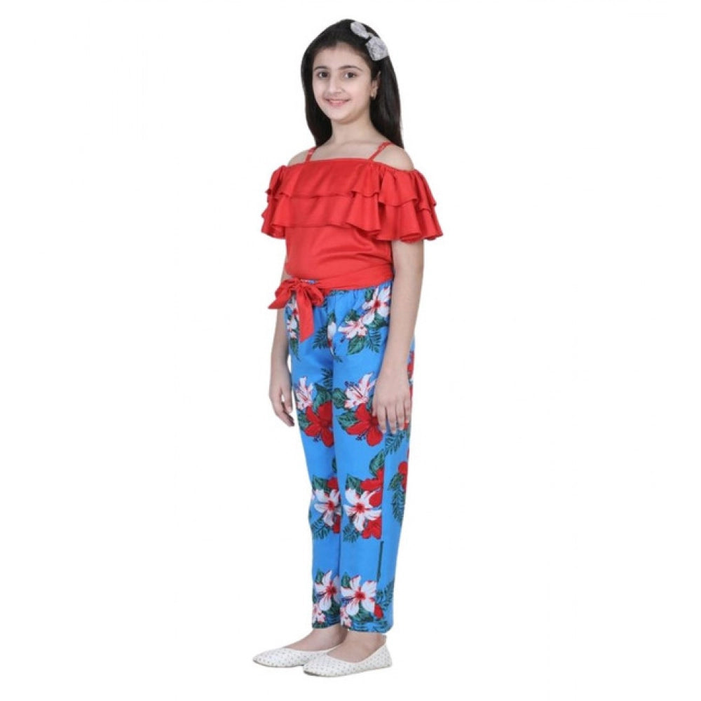 Multicolor rayon floral girl's top & trouser set, short sleeves with square neck