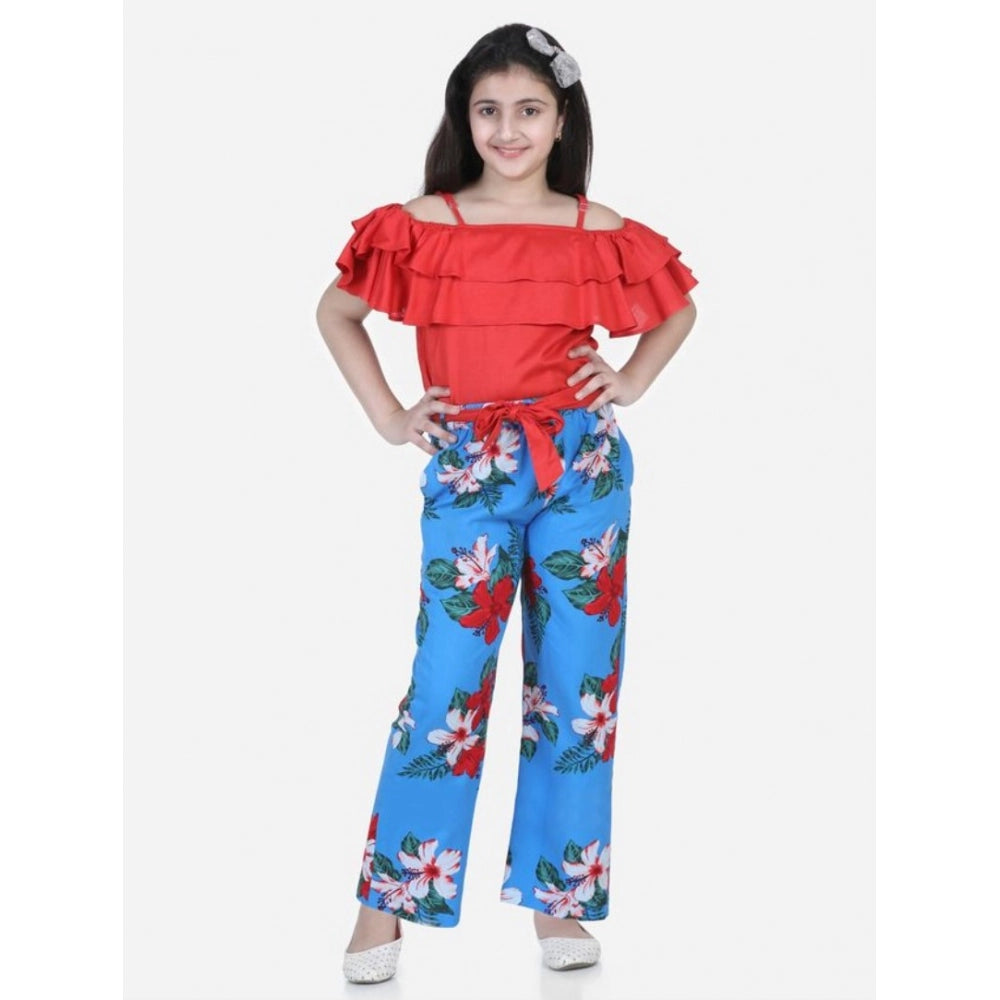 Multicolor rayon girl's floral short sleeve top & trouser set, short sleeves, square neck