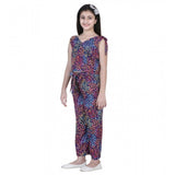 Multicolor floral short sleeve polyester crepe set for girls, V-neck top with intricate patterns