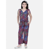 Multicolor polyester crepe floral short sleeve set for girls, V-neck style with vibrant floral patterns