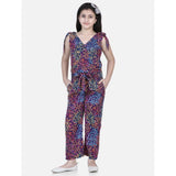 Multicolor polyester crepe floral short sleeve set for girls, V-neck style with vibrant floral patterns