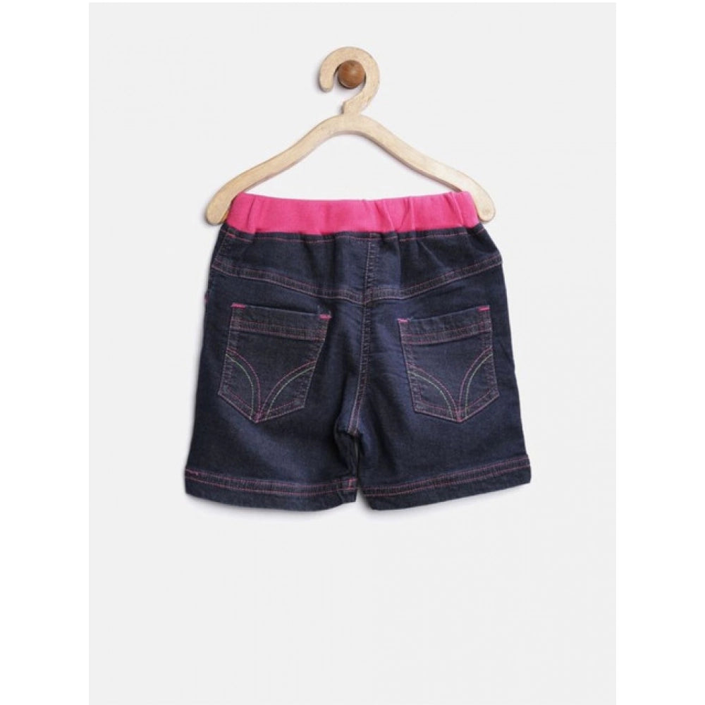 Pink-Blue denim ribbed elasticated girls' shorts, comfortable casual wear for active play