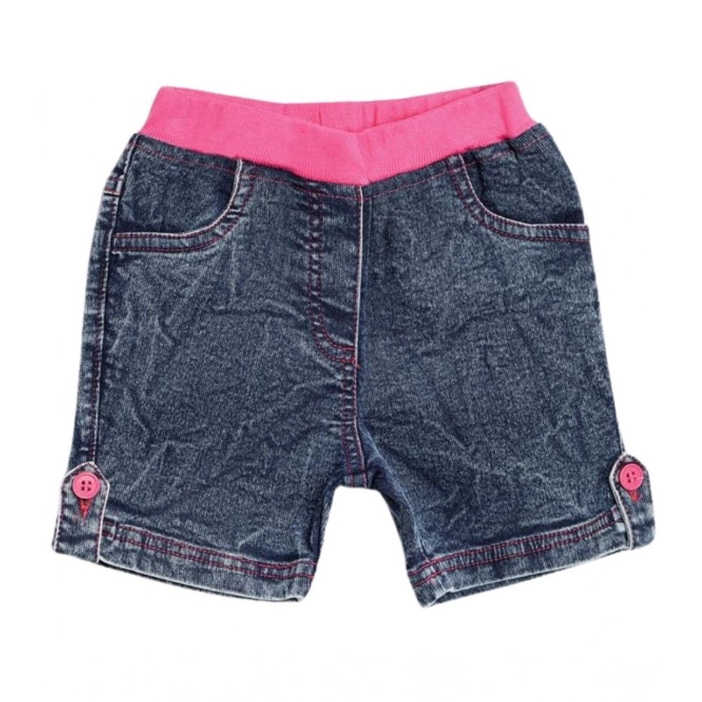 Blue-Pink denim shorts with lace inserts for girls, elasticated waist on model