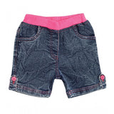Blue-Pink denim shorts with lace inserts for girls, elasticated waist on model