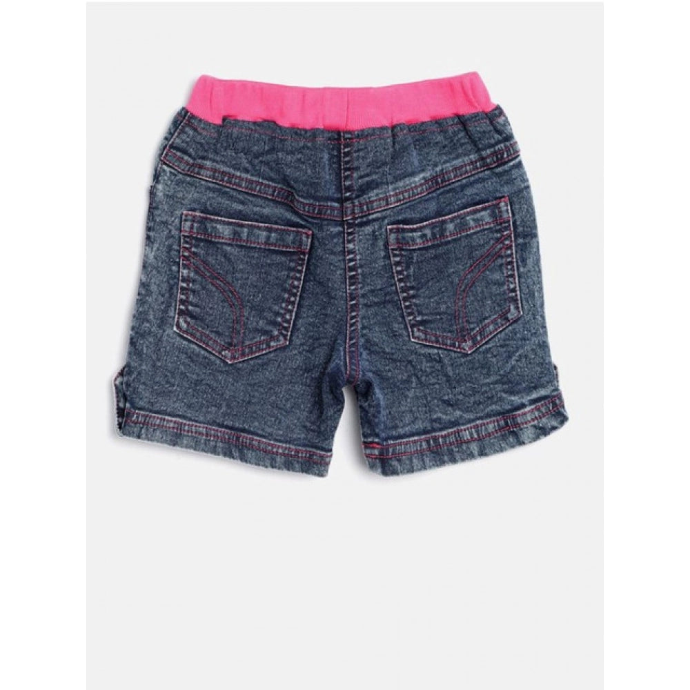 Blue-Pink denim shorts with lace inserts for girls, elastic waist, casual fashion wear on mannequin