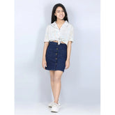 Navy blue denim girl's solid buttoned skirt, durable waist closure