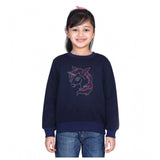 Navy blue fleece embellished long sleeves sweatshirt for girls, round neck with intricate detailing