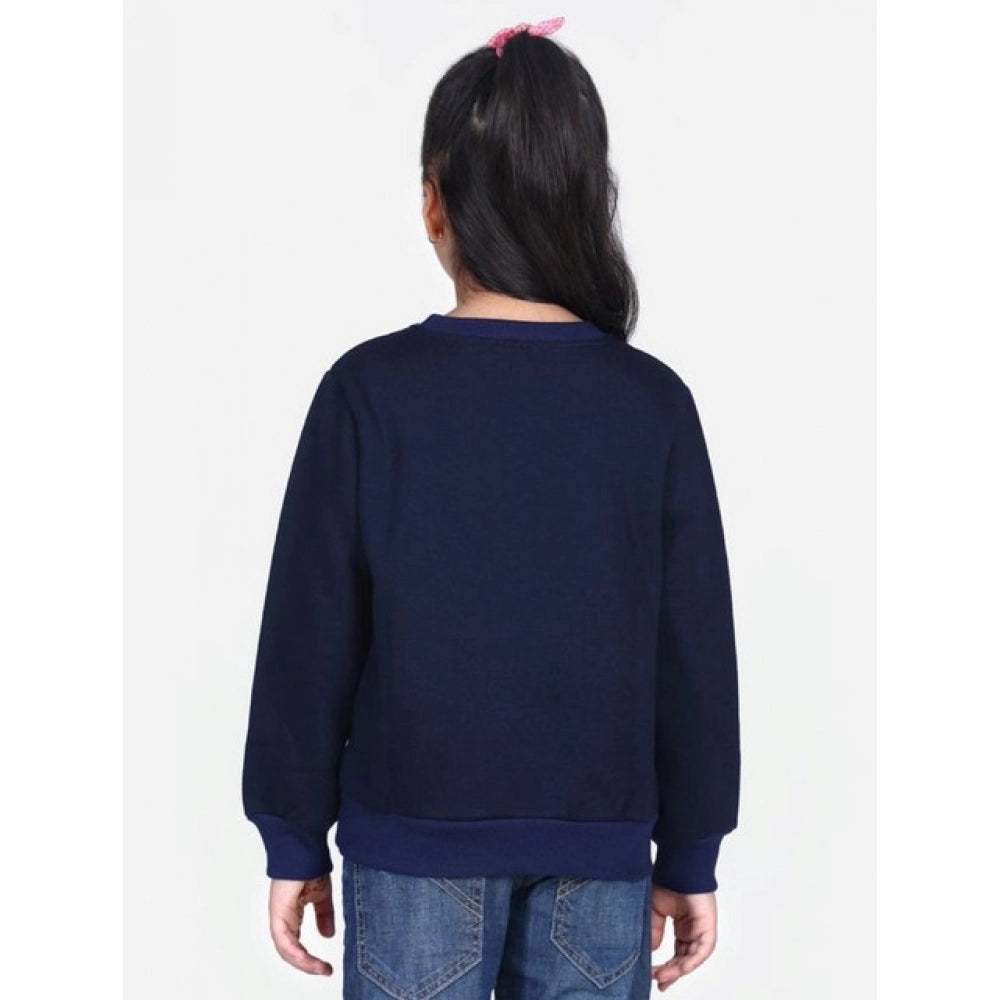 Navy blue embellished fleece long sleeve sweatshirt for girls, cozy & stylish apparel