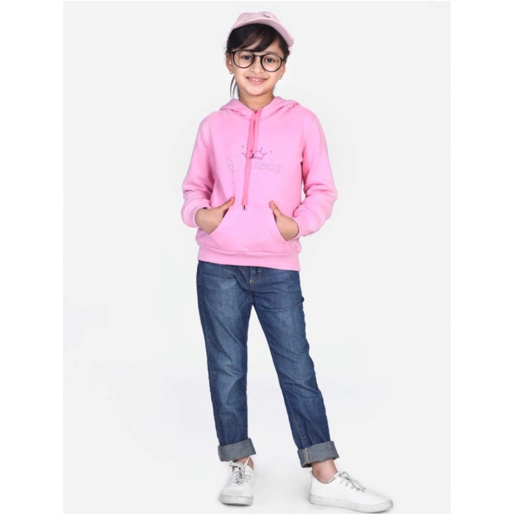 Light pink fleece embellished long sleeve sweatshirt with hoodie for girls, warm & cozy winter clothing