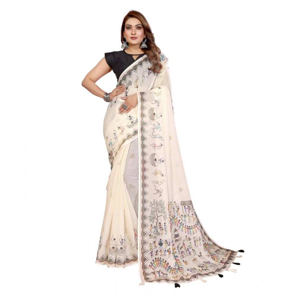 Off-white linen cotton printed saree with unstitched blouse, vibrant floral pattern on a neutral background