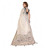 Off-white linen cotton printed saree with unstitched blouse, vibrant floral pattern for women's traditional Indian wear