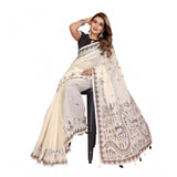 Off-white linen cotton printed saree with unstitched blouse, 5.5mtr length for women's traditional Indian wear