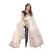 Off-white linen cotton printed saree with unstitched blouse, vibrant pattern detail on 5.5Mtr length