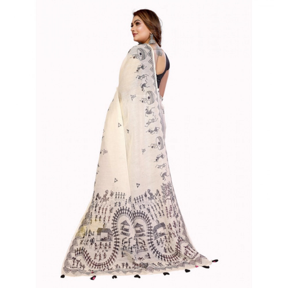 Off-white linen cotton printed saree with unstitched blouse, vibrant floral pattern on display