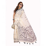 Off-white linen cotton printed saree with unstitched blouse, vibrant Indian traditional wear on hanger